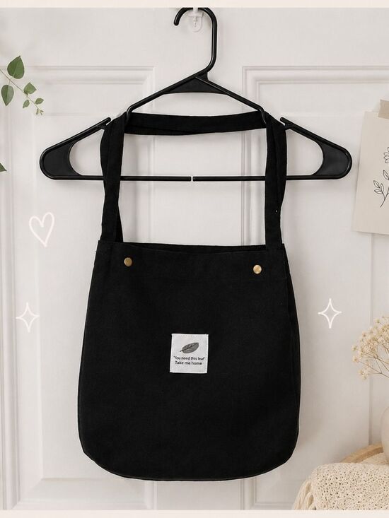 Handbags - Black Corduroy Shoulder Tote with Front Patch